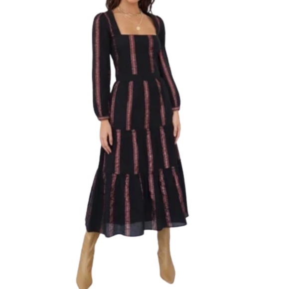 Adelyn Rae Dresses & Skirts - Adelyn Rae Rihana Cotton Gauze Metallic Striped Tiered Black Midi Dress Size M